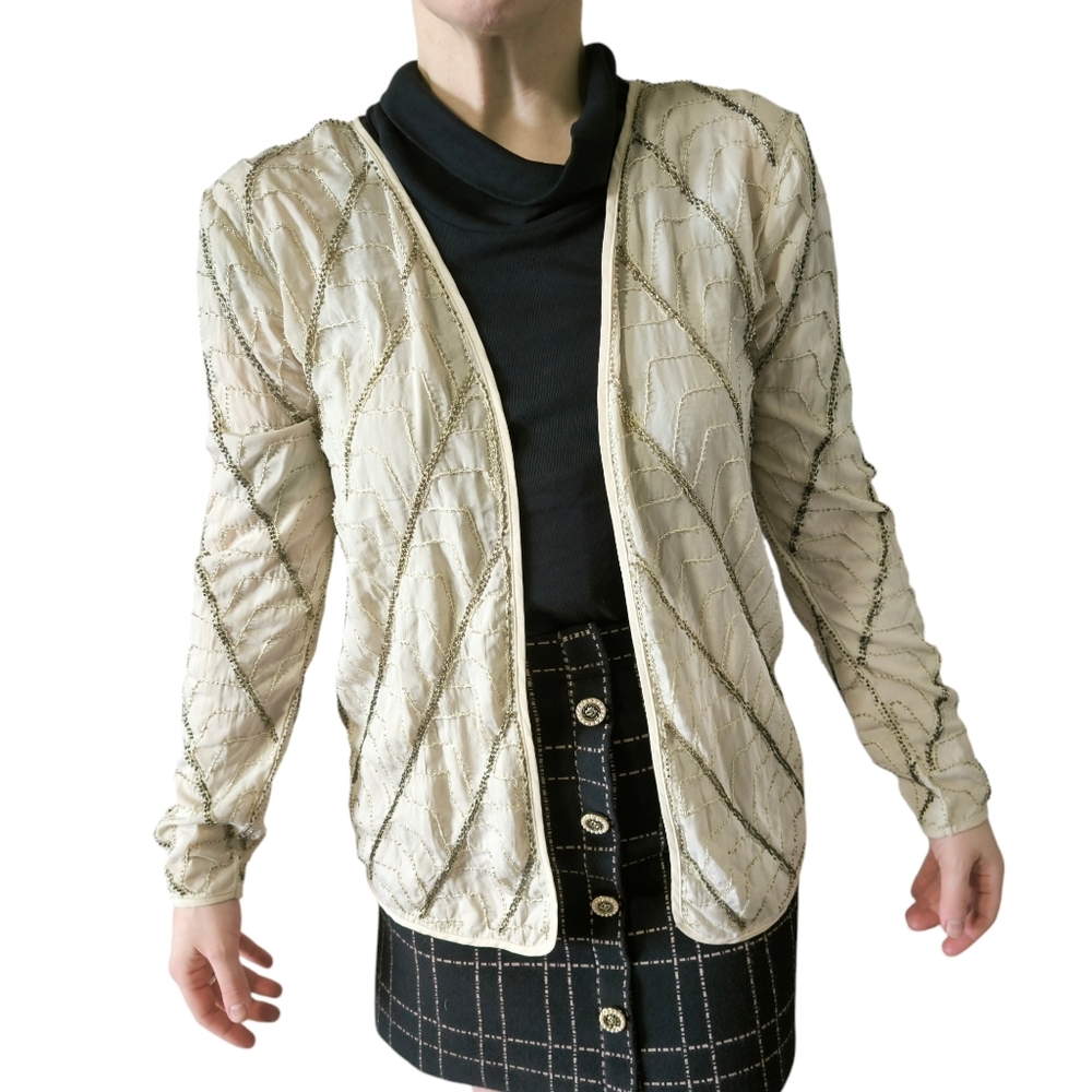 Cream Beaded Cotton Open-Front Cardigan
